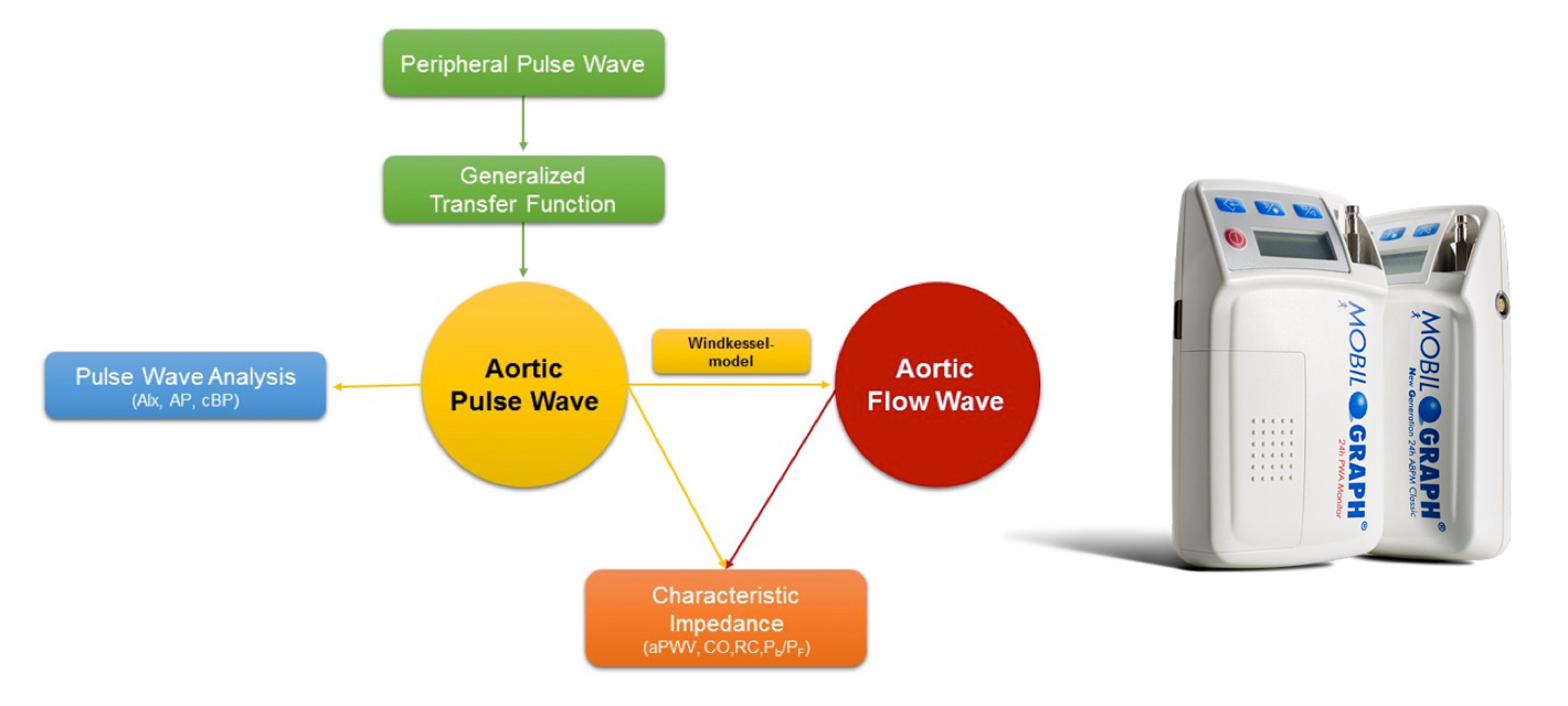 Mobil-O-Graph - Flow diagram of multiple-step process for calculation of central blood pressure and aortic pulse wave velocity
